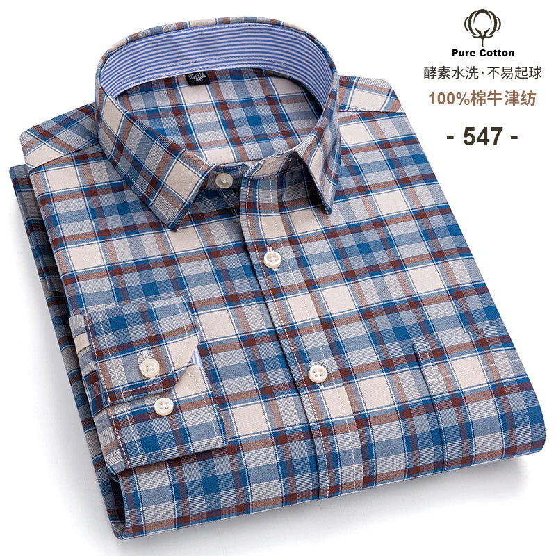 Men's Long Sleeve Plaid Oxford Shirt - 100% Cotton Button-Down