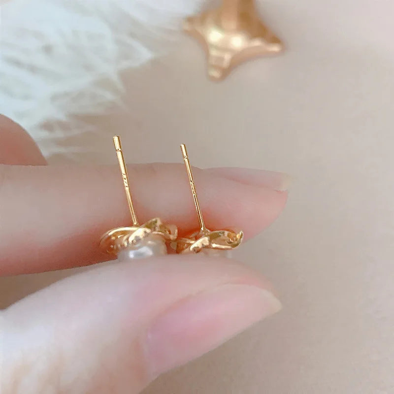 Upscale 14K Gold Jewelry Real Gold Earrings Zircon Pearl Twist Luxury Stud Earrings For Women'S Brincos Pendientes Bijoux