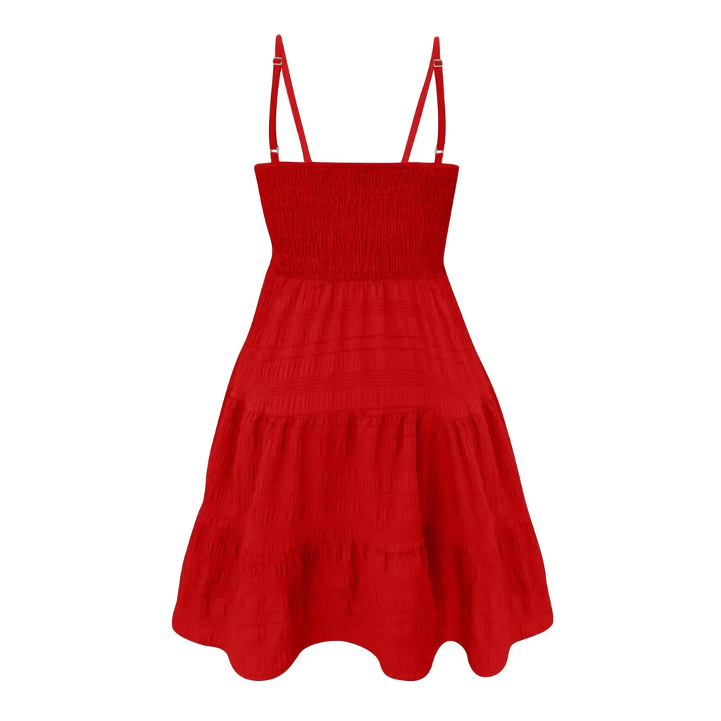 Bohemian Beach Sundress Women Sexy Sleeveless Backless Big Swing Mini Dress Solid Spaghetti Strap Ruffles Dress Summer Vestidos