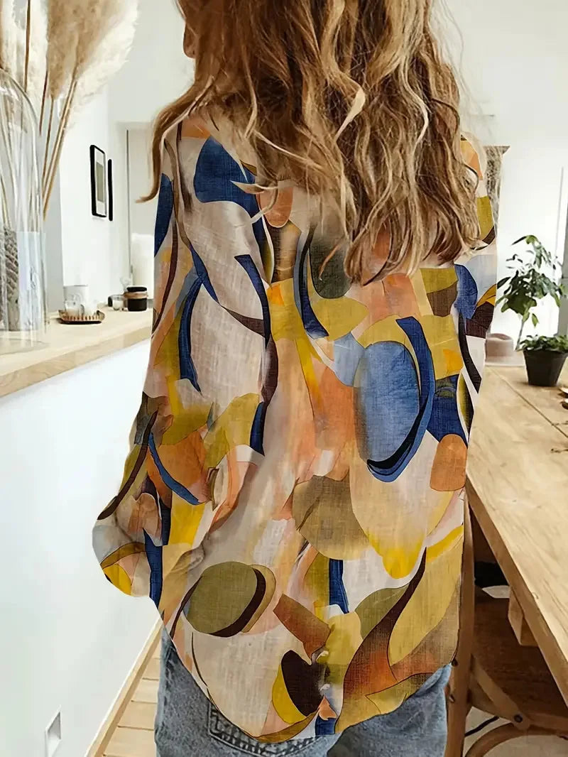 Loose Long Sleeve Women's Shirt Digital Print Lantern Style Comfortable Fit Fashionable Commute Style Geometric Pattern