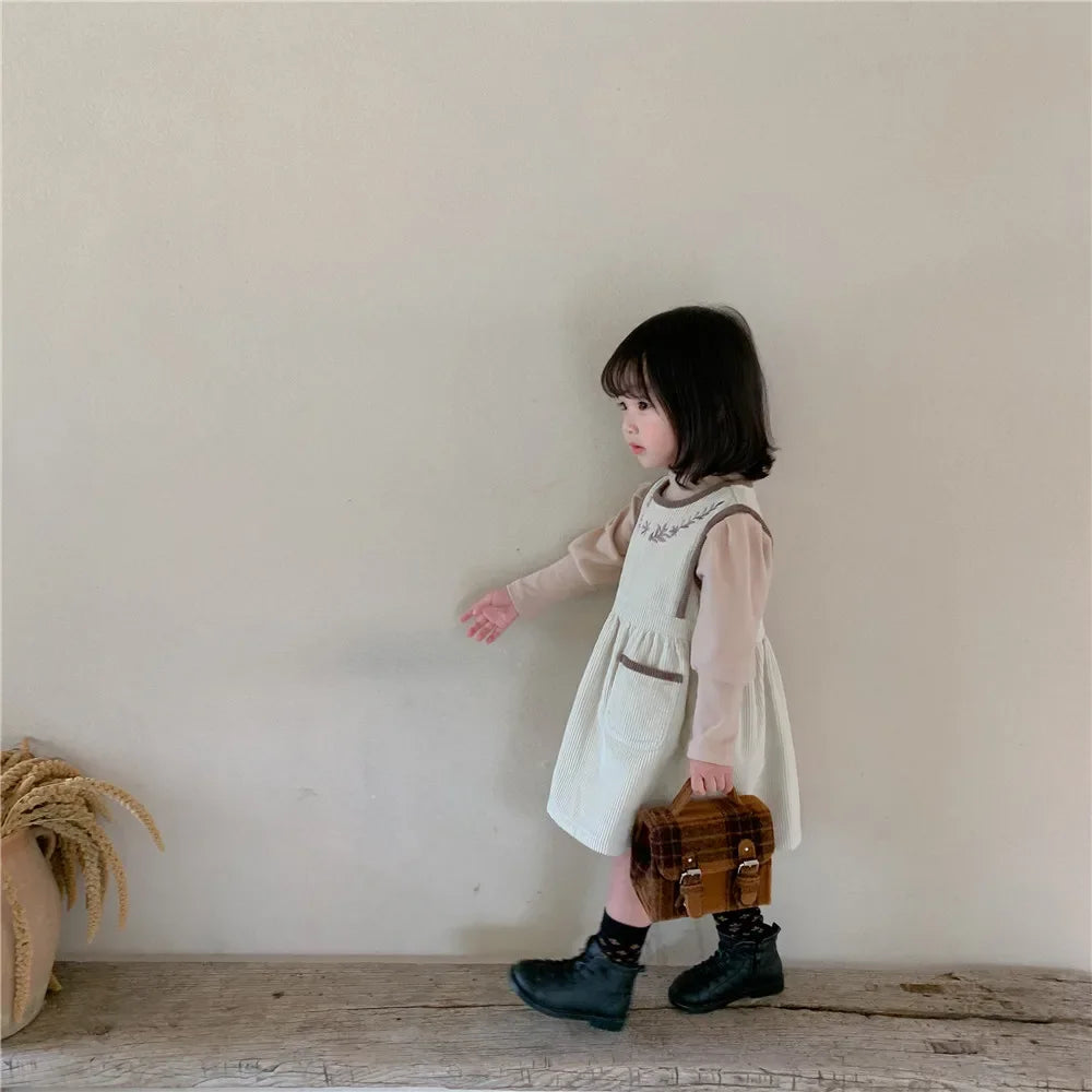 2025 Vinatge Baby Corduroy Sleeveless Dress Little Girls Sundress and Long Sleeve Tops Autumn Winter  Two Piece Set Children