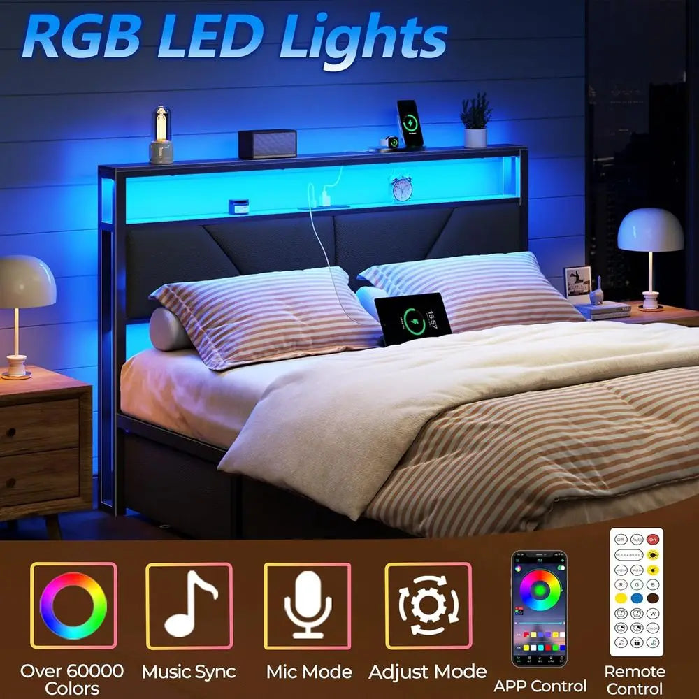 Size Bed with 2-Tier Storage, PU Leather Upholstered Platform Bed with 6 Storage Drawers, Charging Station and LED Lights, No Bo