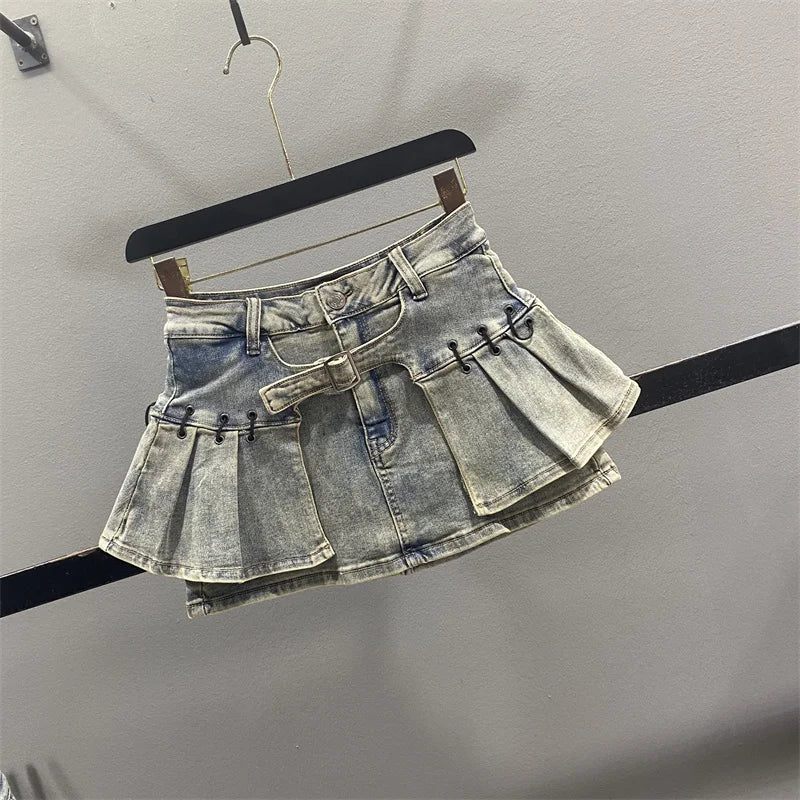 Retro American Denim  Skirt Women's Spring Summer Design Slimming Sexy A-Line Pleated Short Skirt High Waist Cotton Polye...