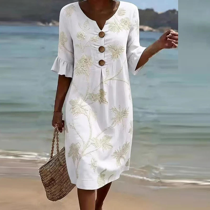 Summer Vintage Printed Dress Women Casual V Neck Half Sleeve Button Design Midi Dresses For Women Loose Beach Holiday Dress Boho