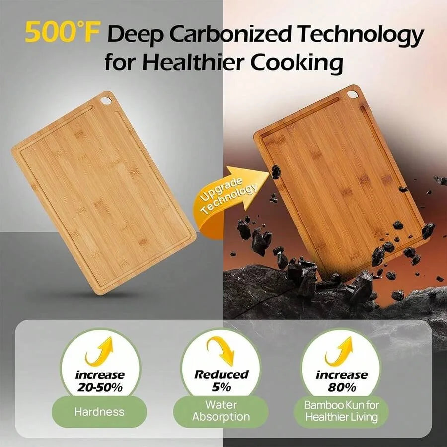 Deep Carbonized Bamboo Cutting Board Set, Designed For Kitchen Use, Paired With Wooden Storage Rack; Double-Sided For Separate Handling Of Cooked Food, Features Oil Draining Groove And Ergonomic Handle, Protects Knives,