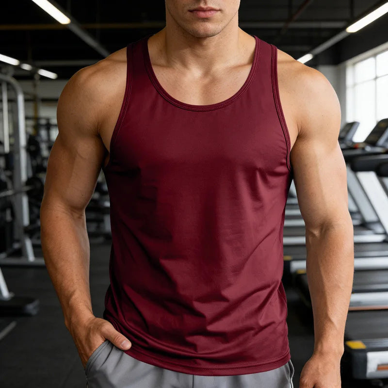 Men's Gym Sports Tank Top Muscle Aesthetic Dry Fast Workwear Polyester Fiber Summer Sport Fit Style Solid Color round Neck