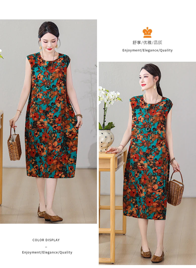 New Fashion Vintage Floral Print  Sleeveless Casual Party Femme Summer Dresses For Women 2025 O-neck Straight Women Clothing