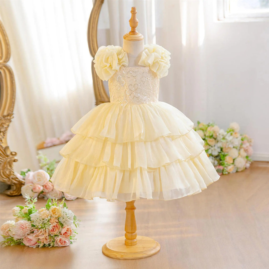 HETISO Baby Girls Summer New Version Layered Dresses Children's One Year Princess Sequined Pink Wedding Party Ball Gown 1-5Y
