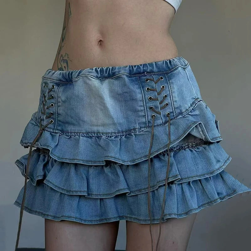 Vintage Lace Up Denim Skirts Women Y2K American Mid Waist All Match Mini Skirts Summer Streetwear Casual Pleated Jeans Skirts