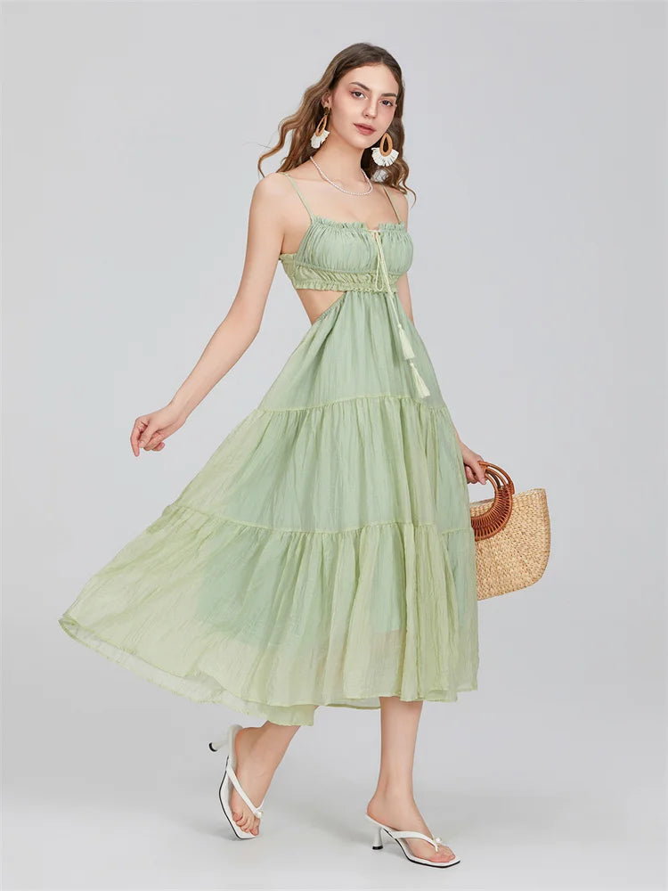 2024 Summer Women Flowy Long Dress Spaghetti Strap Cut Out Backless Ruffle A-line Dress Bohemian Party Holiday Casual Sundress