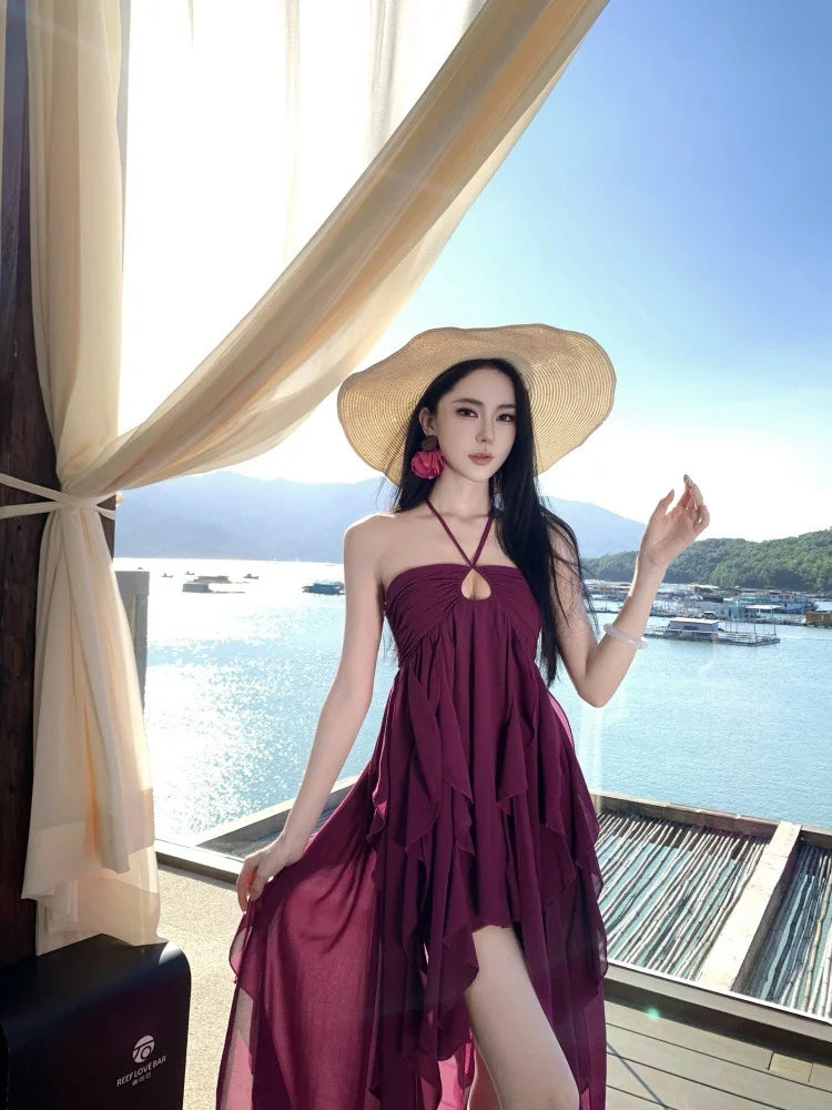 Purple Beach Vacation Photography Dress Women's Sleeveless Gown Luxury Design Sensation Halter Neck Chiffon Long Skirt