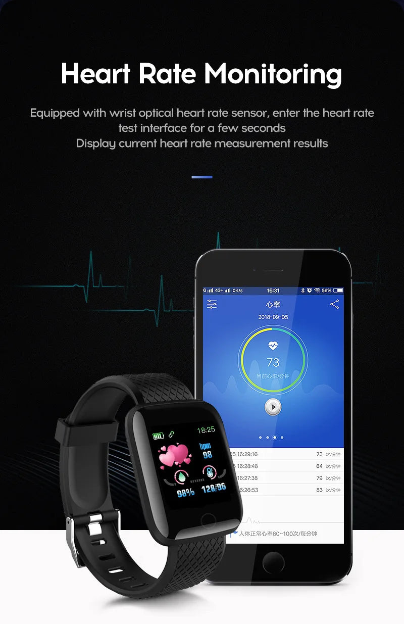 116plus Smart Watch Hombres y Mujeres Pantalla Táctil Completa Reloj Deportivo de Fitness Hombre IP67 Impermeable Bluetooth para Ios Android Smartwatch