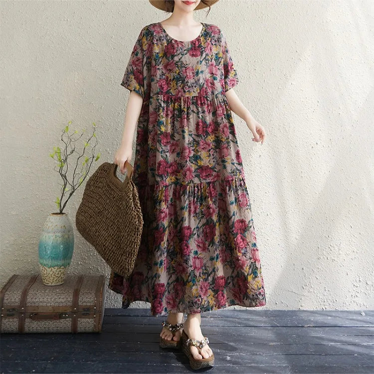 THHONE Vestido Feminino Summer Dresses for Women 2025 Bohemian Holiday Floral O Neck Short Sleeve Casual Print Women's Clothes