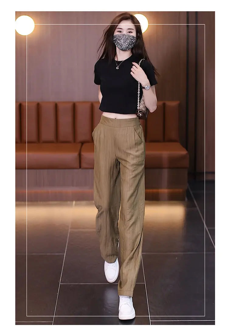 Women's Ice Silk Wide Leg Pants - High Waist Loose Casual Trousers