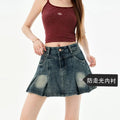 Trendy High Waist Pleated  Denim Skirt Women's Spring Summer New Lazy Style A-Line Half-length Jeans Skirts
