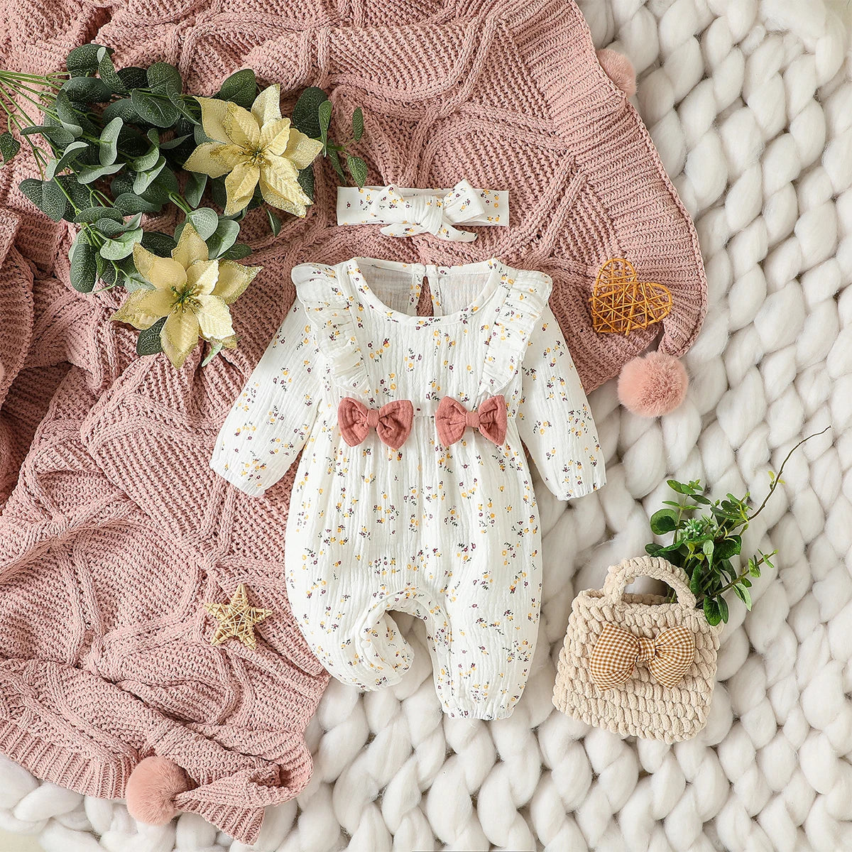 Mono de algodón con lazo para bebé niña, manga larga, conjunto de verano para uso diario