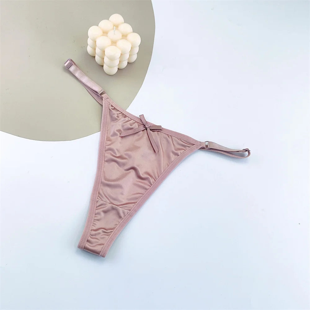 3PCS Adjustable Satin Thong Women Sexy G-string Underwear Low Waist T Back Peach Buttocks Tempting Sexy Bow Lingerie