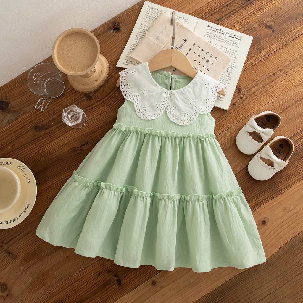 Baby Girl Dress Summer Cotton Solid Color Lace Edge Sleeveless Girls Dresses Simple Casual Beach Baby Girl Clothing