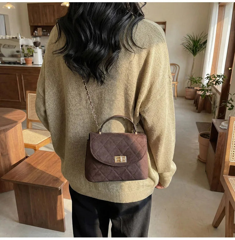 Diamond Grid Chain Crossbody Bag One Shoulder Purse Trendy Flip Top Clutch Women's Fashion Suede Leather Casual Shoulder Bag