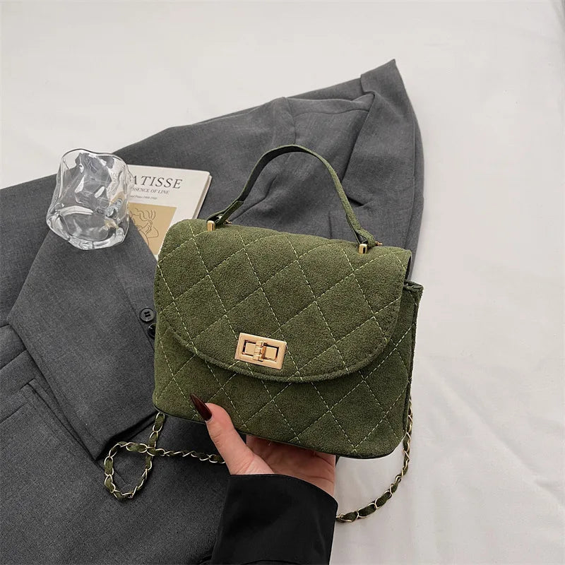 Diamond Grid Chain Crossbody Bag One Shoulder Purse Trendy Flip Top Clutch Women's Fashion Suede Leather Casual Shoulder Bag