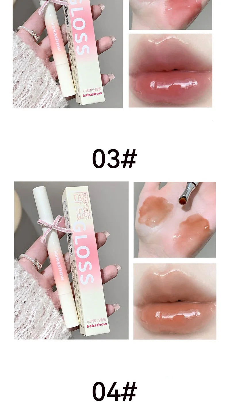 Kakashow Mirror Watery Lip Gloss Iron Brush Head Jelly Lipgloss Moisturizing Lip Tint Lipstick Nature Nude Lips Makeup Cosmetics