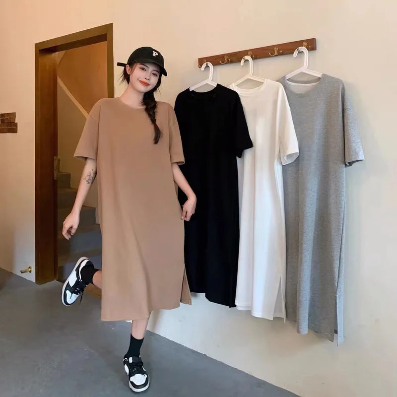Women's Summer Plus Size Casual Dress 2026 New Loose Solid Color Knee Length Split Hem T Shirt Dress