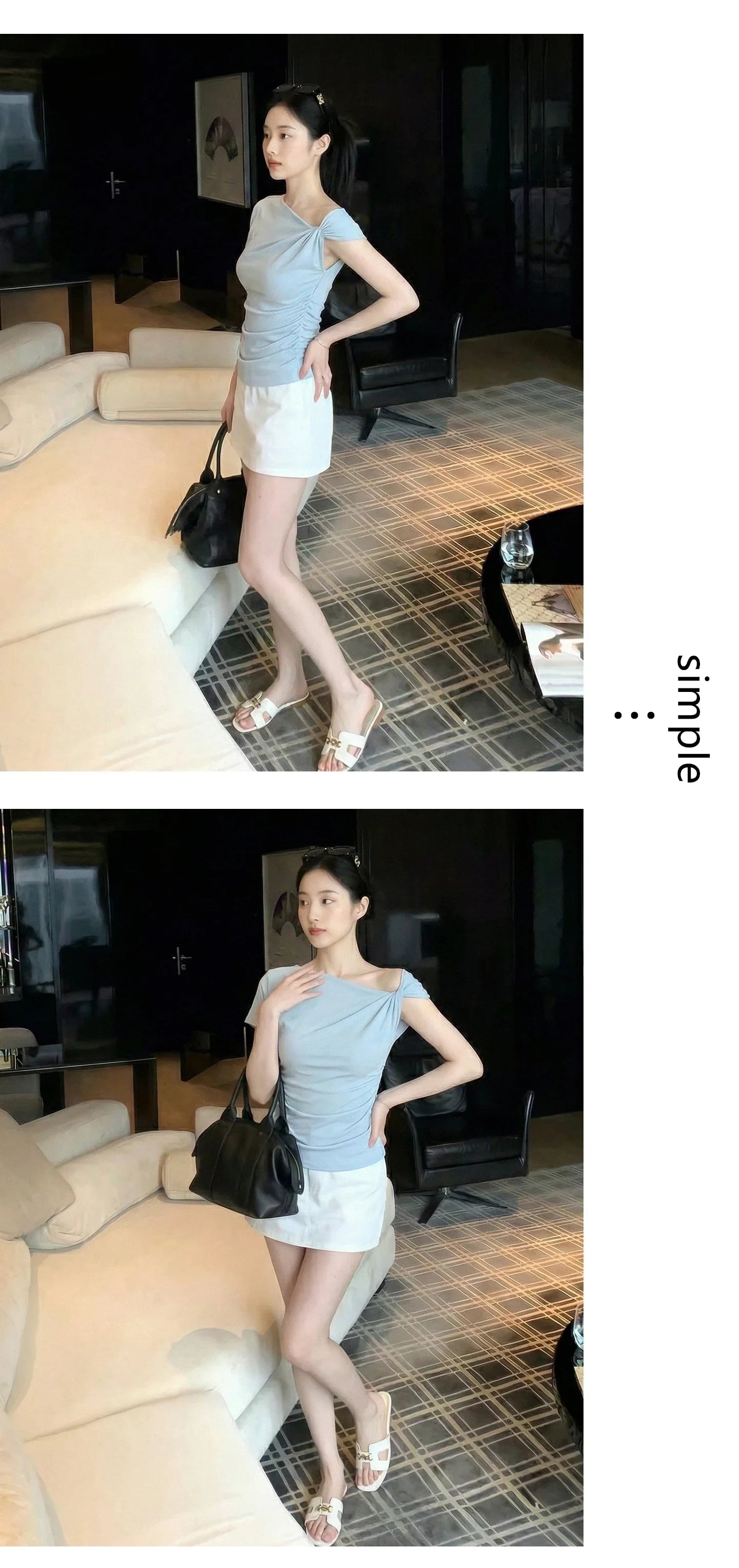 White Diagonal Shoulder Short Sleeve Crop Top 2026 Summer Solid Waist Pleated Women T-shirt Korean Style Minimalist Slim Tee