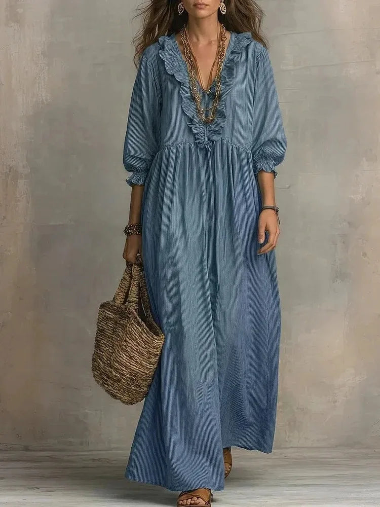 2026 New European and American Independent Website Striped Ruffled Loose High-Waisted V-Neck Fashion Casual Dress