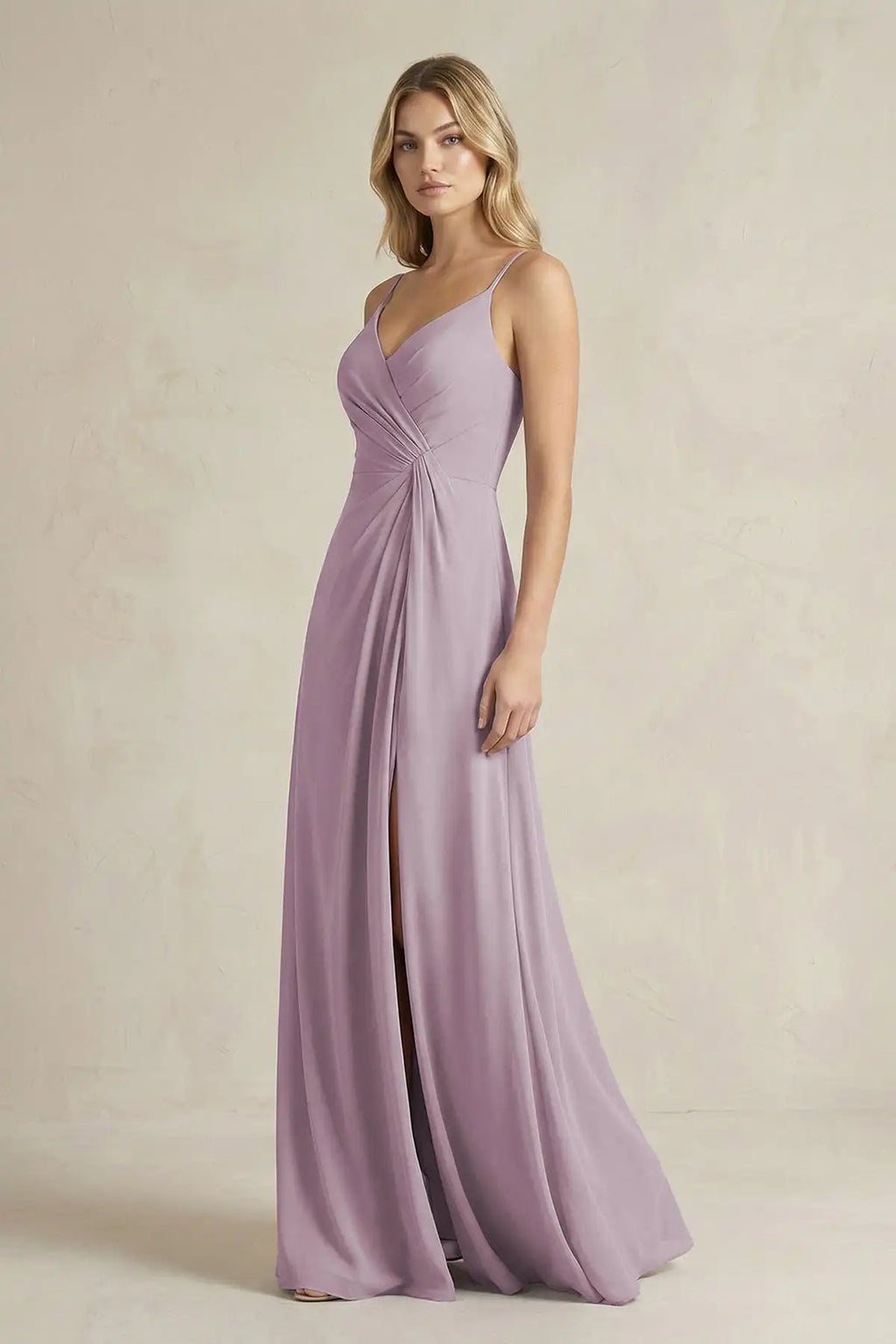 Spaghetti Strap Chiffon Bridesmaid Dress V Neck Pleated Bodice Side Slit Corset Back A Line Floor Length Formal Evening Gown
