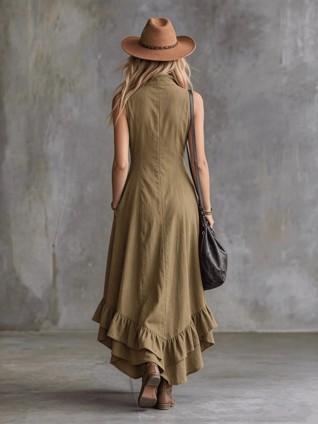 Women's Sleeveless Half Zip Maxi Dress Stand Collar High Low Ruffle Hem A-Line Long Dress with Pockets