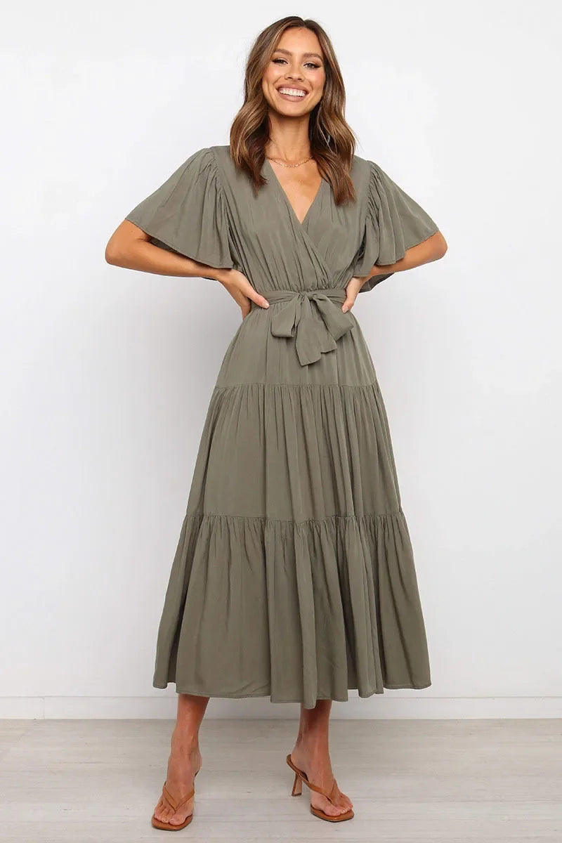 Summer Bohemian Long Dress Pure Color V-Neck Short Sleeve Empire Waist Design Floor Length with Belt Loose Fit Women's Dress