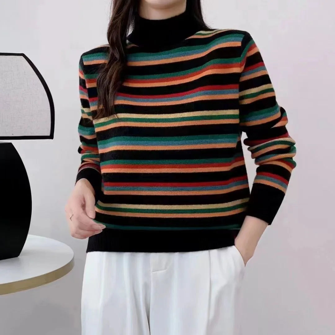 2026 Autumn Winter Thickened Warm Knitted Sweater Women's Loose Fit Color Block Striped High Collar Fashionable Base Shirt