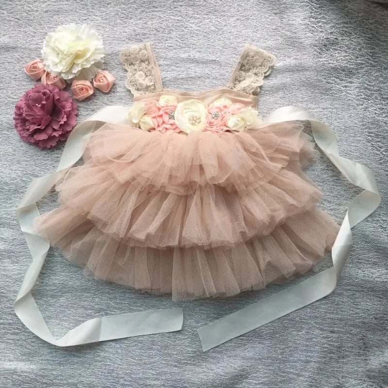 Flower Girl Lace Tulle Dress Elegant Princess Weddings Birthday Party Costumes for 3m To 7y Girls Baptism Festival Ball Gown