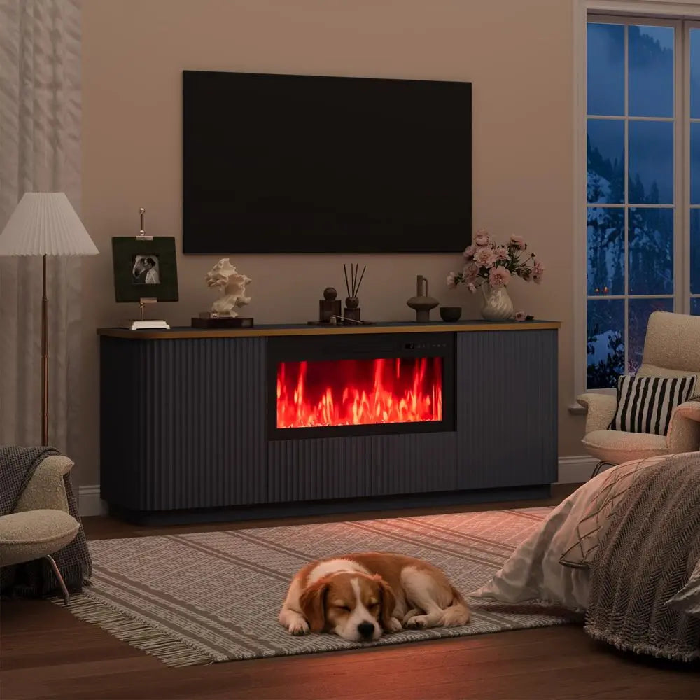 70 Fluted Fireplace TV Stand for TVs Up to 80, Modern Entertainment Center with 30 Crystal Electric Fireplace, Navy Blue