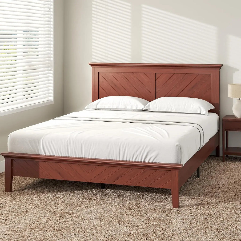 Solid Acacia Wood Queen Bed Frame with Headboard Cherry Finish, Customized