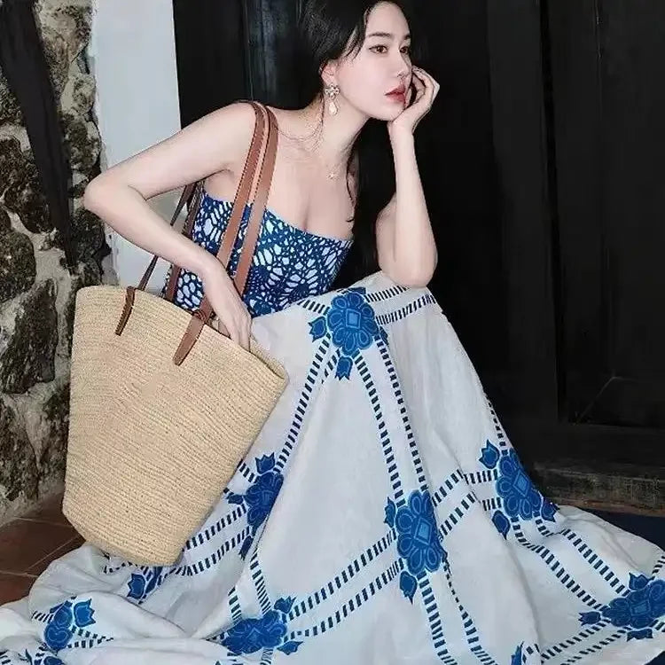 Bohemian Floral Embroidered Spaghetti Strap Maxi Dress Loose A-Line Summer Beach Dress for Women