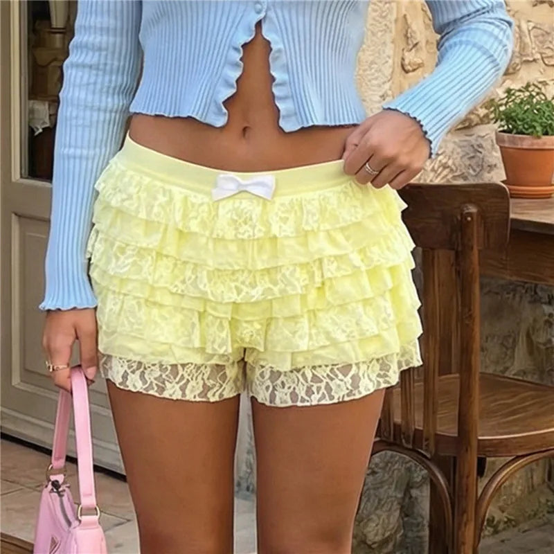 Women Mesh Lace Bloomer Shorts Y2k Layered Ruffle Frilly Booty Shorts Fairy Bowknot Sexy Boy Shorts Panties Party Clubwear