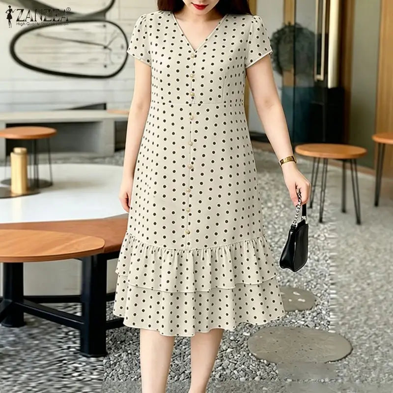 ZANZEA Summer Polka Dots Printed Women Dress Elegant Casual Holiday Beach Ruffled Sundress V Neck Short Sleeve Work Midi Dresses
