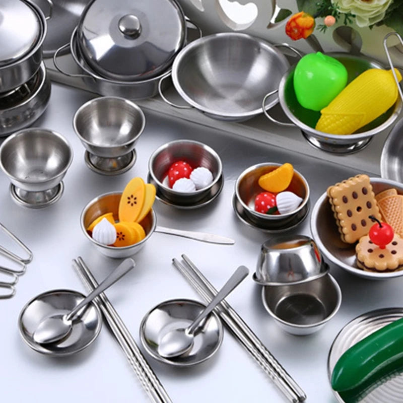 Juego de utensilios de cocina MINI de juguete para niños y niñas de acero inoxidable, pueden guardar alimentos, juguetes de cocina educativos de juego de imitación