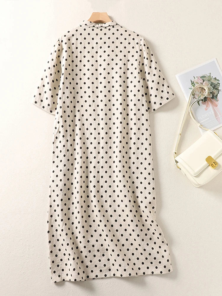 Summer Vintage Polka Dot Cotton Lin Short Sleeve Women's Dress Loose Slimming Gown Side Buttoned Midi Skirt A-Line Dress