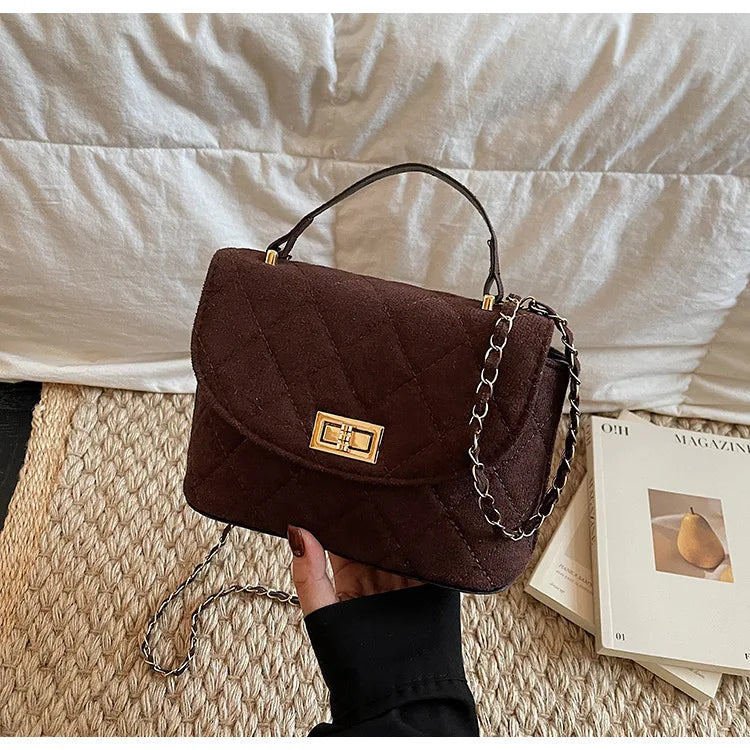 Diamond Grid Chain Crossbody Bag One Shoulder Purse Trendy Flip Top Clutch Women's Fashion Suede Leather Casual Shoulder Bag
