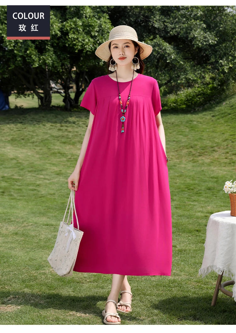 New Fashion Casual 2025 Summer Elegant Dresses For Women O-Neck Print Vintage Short Sleeve Dress Loose Women Clothing