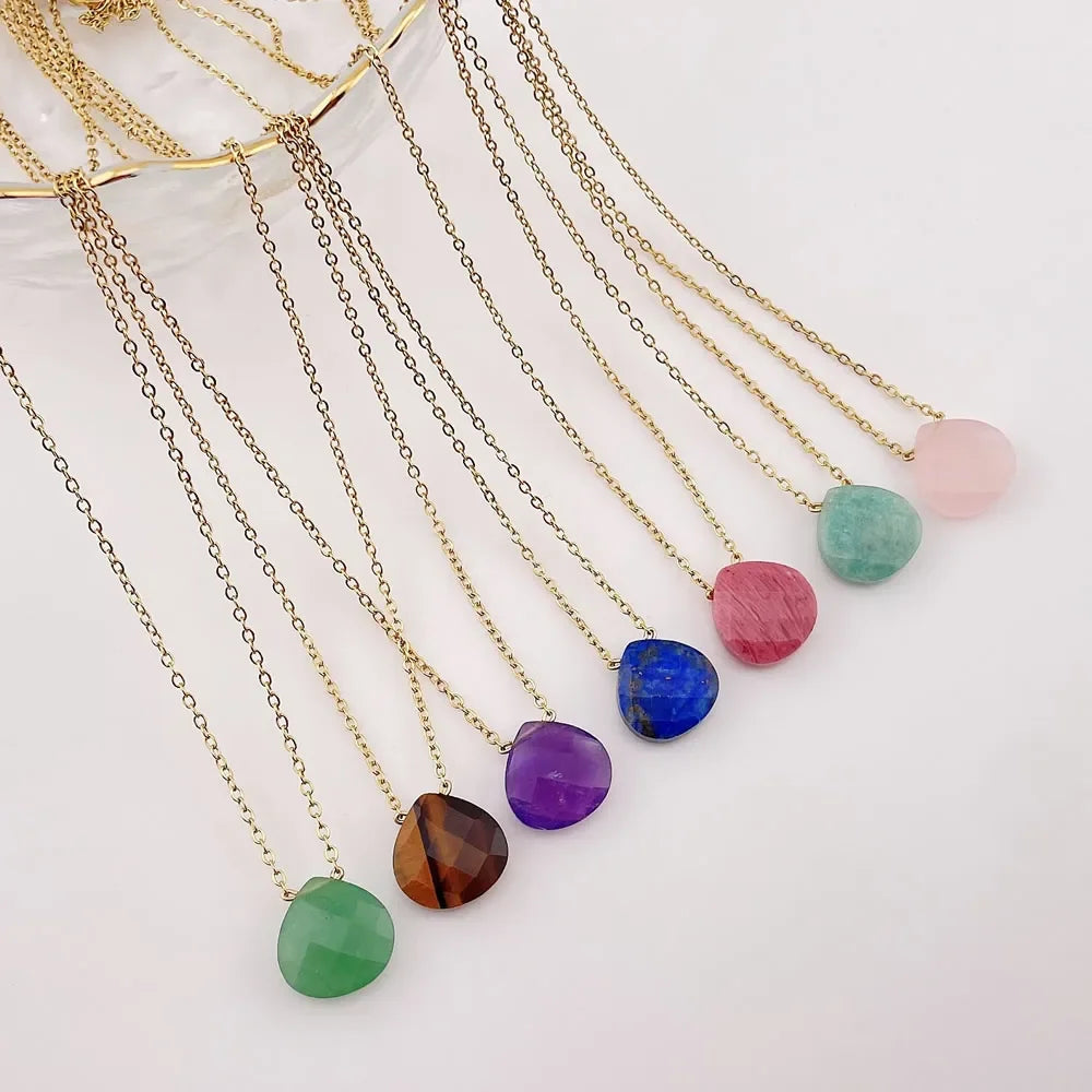 Natural Crystal Stone Pendant Necklace for Women Triangle Water Drop Real Amethysts Roses Quartz Steel Chain Crystal Necklace