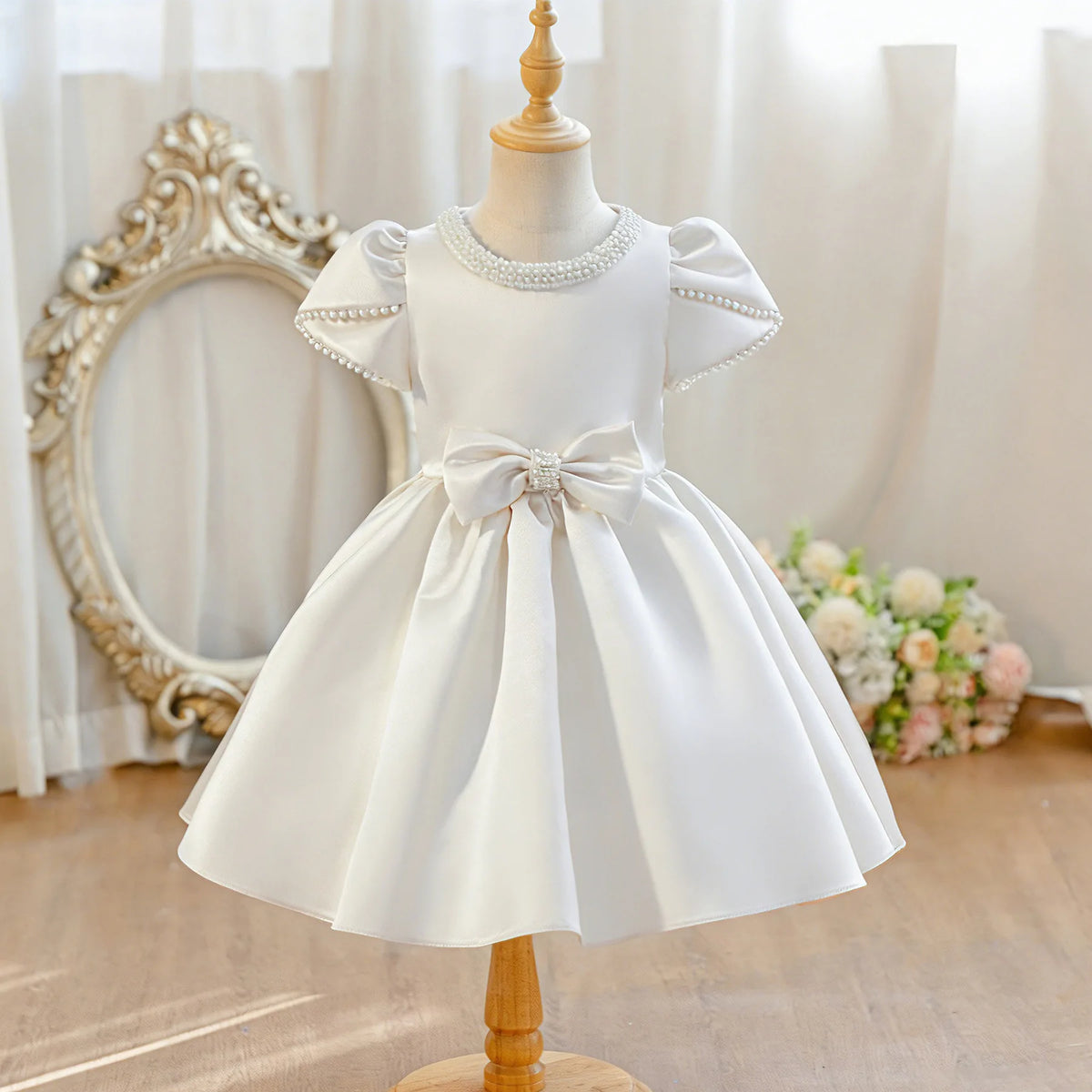 HETISO Girls Pearls Princess Dress Beading Sleeve Kids Formal Ball Gown Children Party Costume 2-10Y