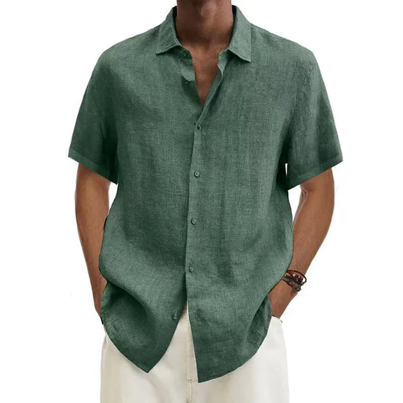 Men's Cotton Linen Button Short Sleeve Shirt Loose Fit Classic Collar Trendy Casual Summer Fashion Pure Color Youth Clothing