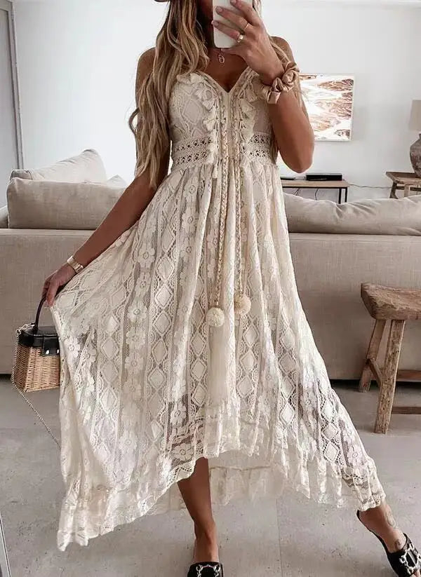 Fashion Summer Camisole Long Skirt Strap Camis Sleeveless Hole Hollow Out Beach Holiday Dress Tassel Sexy Maxi Dresses