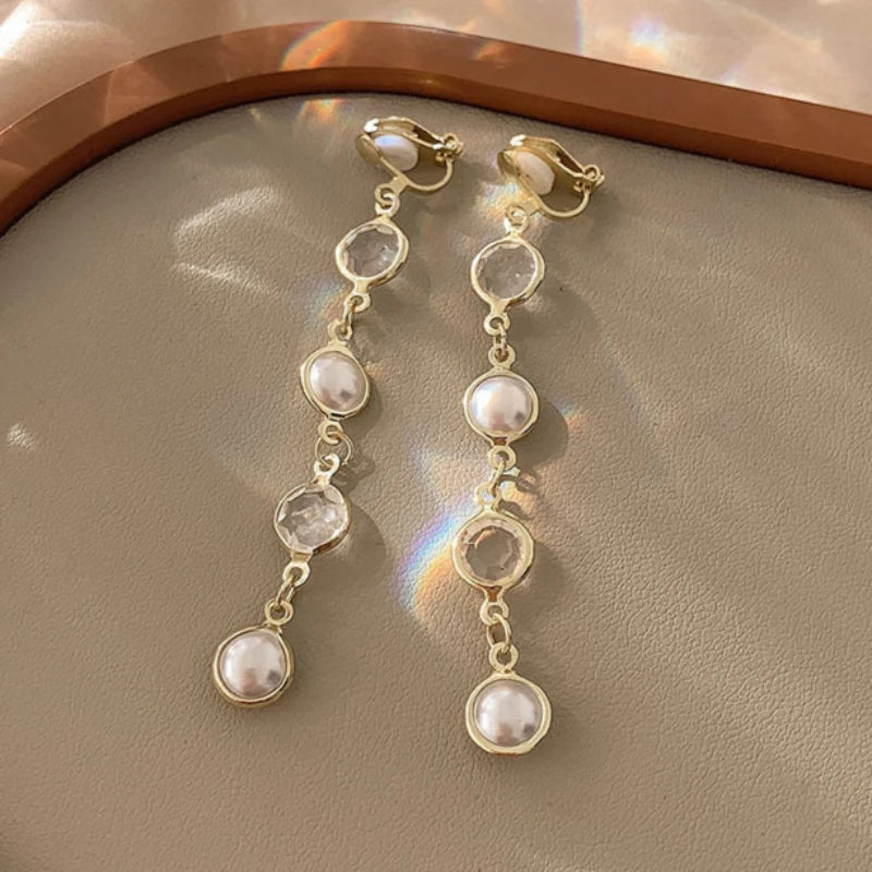 Korean Fashion Style Pearl Long Tassel Clip on Earrings for Women Simple Temperament Long Chain Non-piercing Ears Clip Earrings