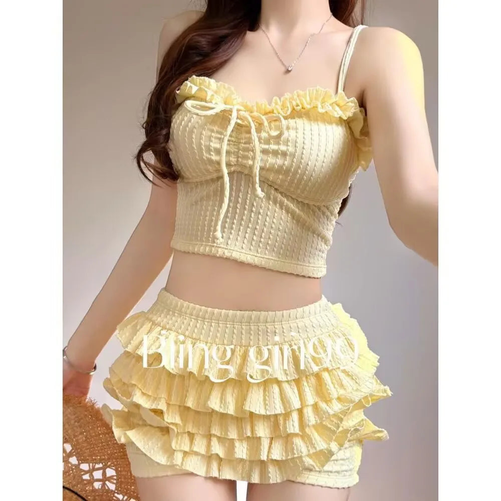 Sweet Sister Two-Piece Swimsuit Female Cake Skirt Slimming Female Polyester Fabric with Chest Pad No Steel Support