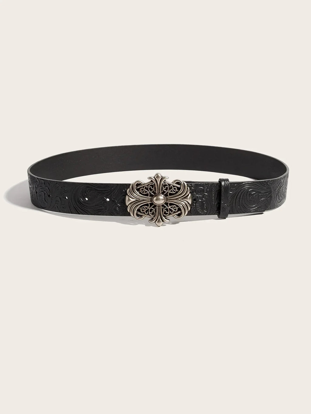 Hong Kong-style Denim Belt with Cross Carving & Rivets Niche Subculture Style Versatile Street Waistband for Casual Daily Outfit