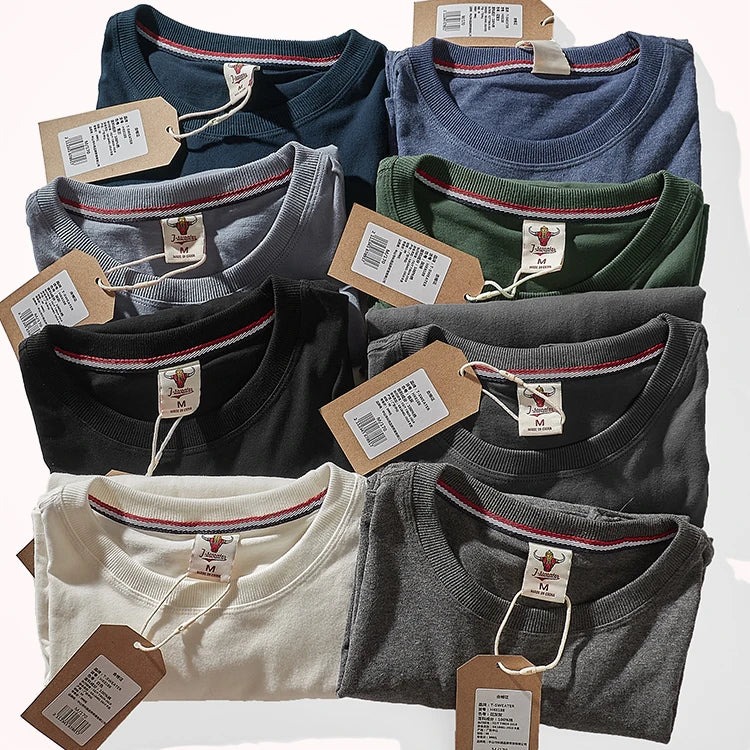 Autumn American Retro Long Sleeve O-Neck Solid Color T-Shirt Men'S Fashion 100% Cotton Washed Old Casual Bottoming Tops